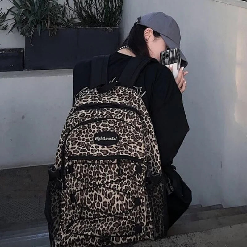 Trendy Casual Leopard Print Women's Backpack Korean Large Capacity Versatile Leisure Schoolbag Y2k Unisex Travel Backpack