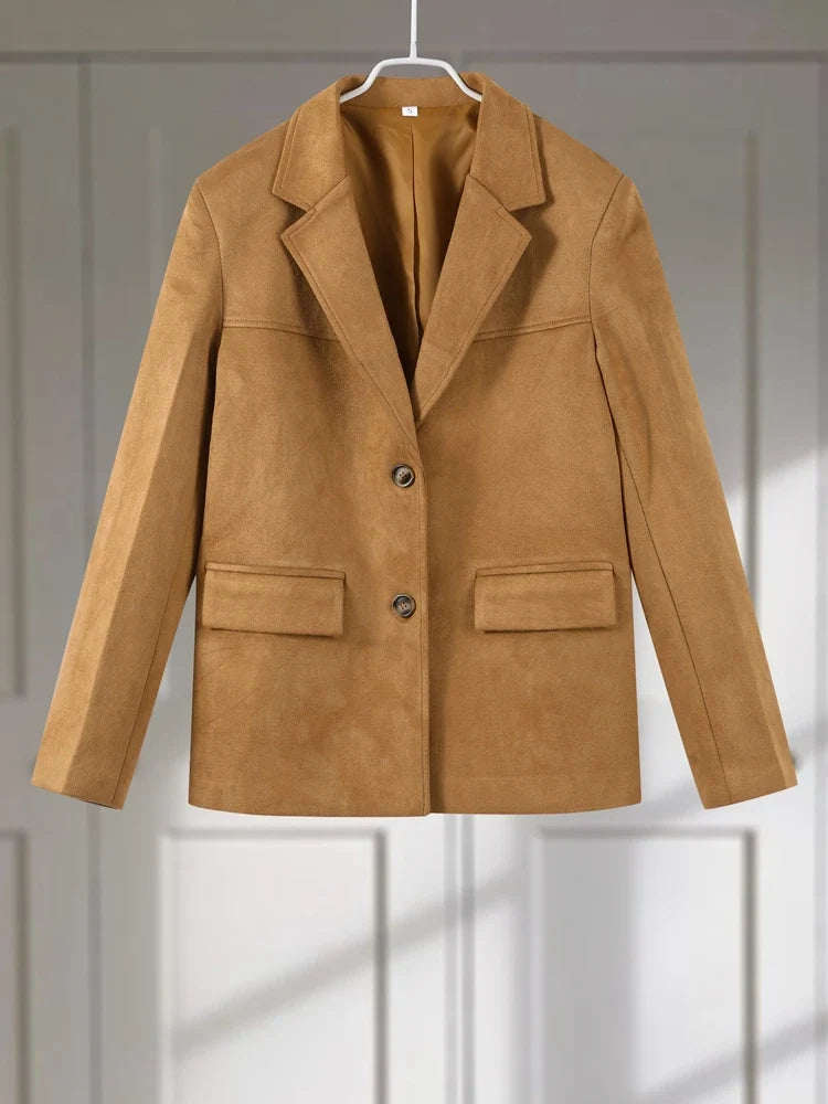 Retro Suede Female Jacket Chic Single Breasted Long Sleeve Lapel Loose Blazer Coat Women 2025 Spring High Street Lady Outerwear