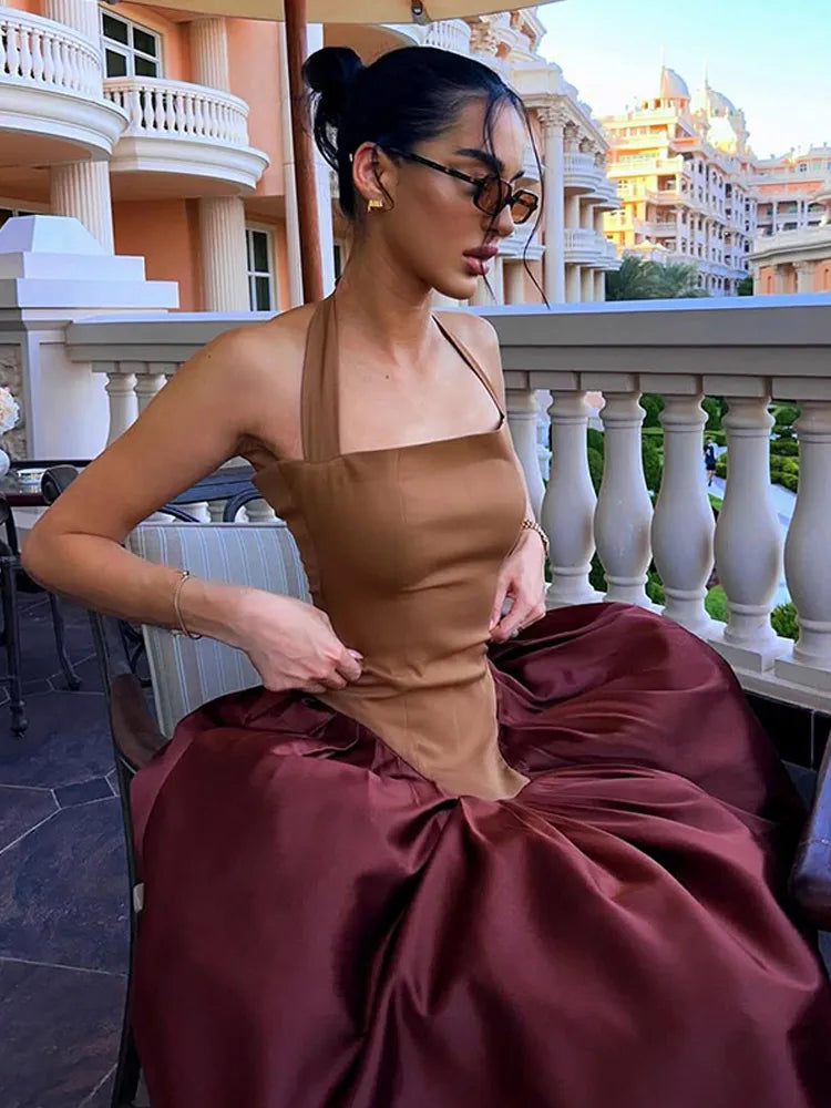 Women Sexy Patchwork Satin Halter Dress Fashion Sleeveless Backless A Line Dresses 2025 Spring New Female High Street Vestidos