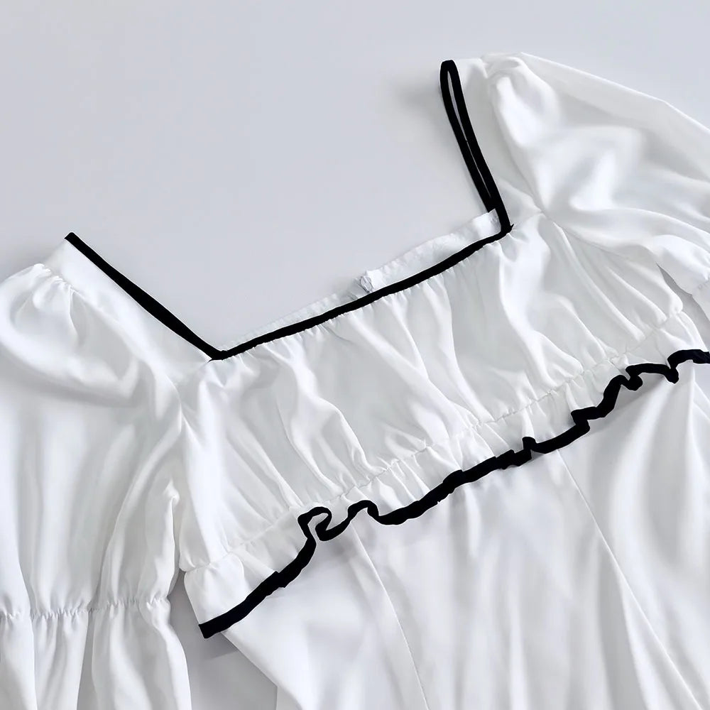 White Elegant A-line Mini Dress Women 2025 New Spring Square Collar Long Sleeve Vestidos High Waist Casual Fashion Short Dresses