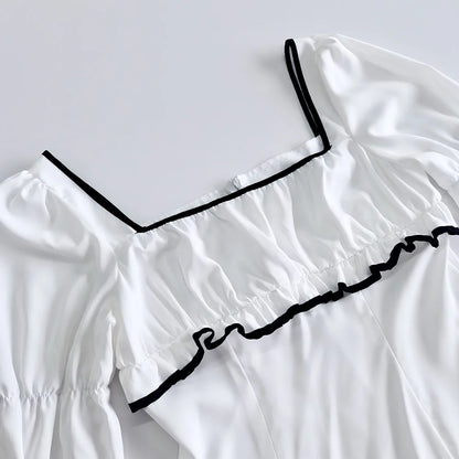 White Elegant A-line Mini Dress Women 2025 New Spring Square Collar Long Sleeve Vestidos High Waist Casual Fashion Short Dresses