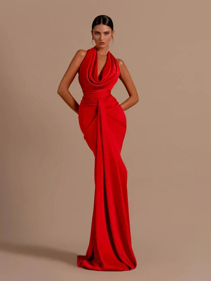 Halter Cowl Neck Waist Knot Draped Panel Maxi Gown