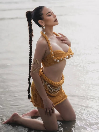 Retro Knitted Bikini Top Mini Skirt Woman's Set Casual Solid Pearl Halter Tops High Waist Slim Skirts Sets Female Beach Outfits