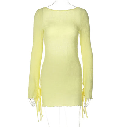 Seersucker Backless Mini Dress Flare Long Sleeve Lace-up Tight Short Dresses 2024 Summer Fashion Simple One-piece Skirt