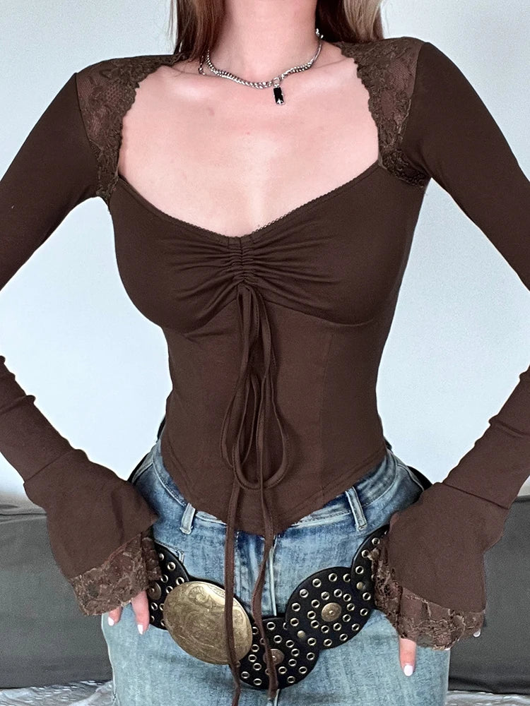 Slim Bandage Folds Patchwork Lace T Shirt Casual Drawstring Square Collar Long Flare Sleeve Tees Women Autumn Lady