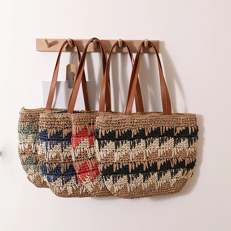 New One Shoulder Grass Woven Bag Contrast Color Handmade Large Capacity Beach Vacation Leisure Summer Women's Bag