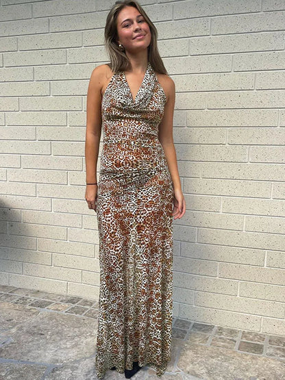 Leopard Print Backless Long Dress Women's Sexy Sleeveless Halter V-Neck Slim High Slit Pleated Evening Dress Long Dress