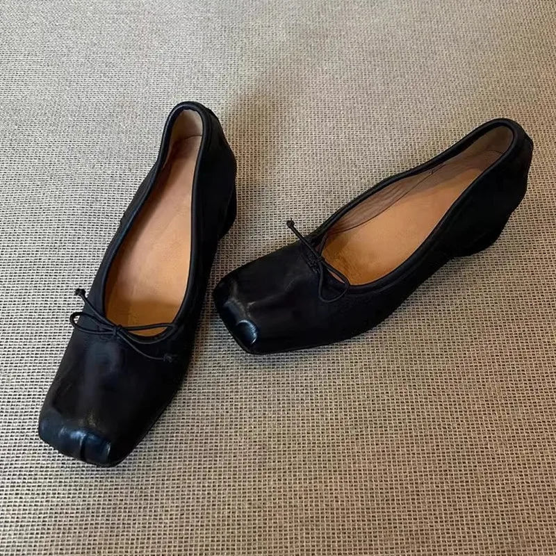 Fashion Square toe Bowknot Soft Leather Women Pumps Spring Summer Ballet Style Thick High heels Casual Chunky Loafer Shoes