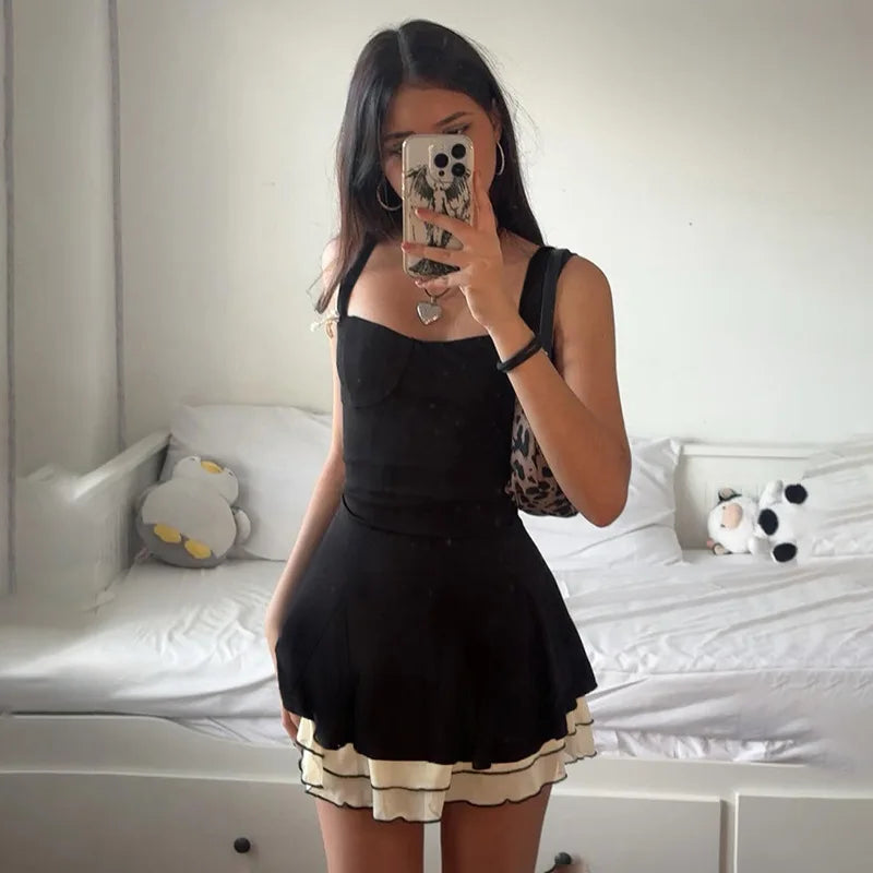 Elegant Fairycore Grunge Dress Women Hotsweet Pastel Goth Aesthetic Spaghetti Strap High Waist Patchwork A-line Dress