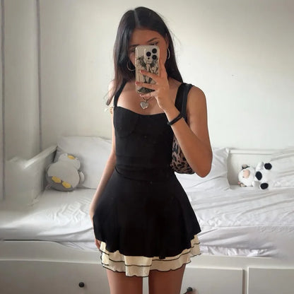 Elegant Fairycore Grunge Dress Women Hotsweet Pastel Goth Aesthetic Spaghetti Strap High Waist Patchwork A-line Dress