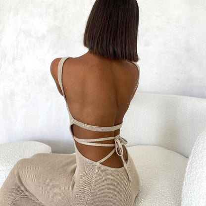 Rib Knit Backless Multi-Strap Tie Back Side Cutout Bodycon Midi Dress