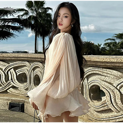 Keyhole Tie Neck Pleated Bishop Sleeve Tiered Ruffle Skirt Set