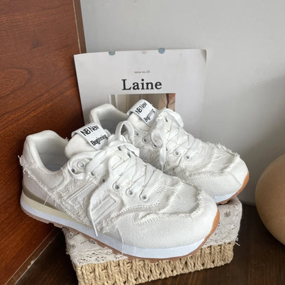 Shoes Woman Round Toe Casual Female Sneakers Espadrilles Platform New Retro Sports Fabric Fretwork Lace-Up Rubber Solid Lei