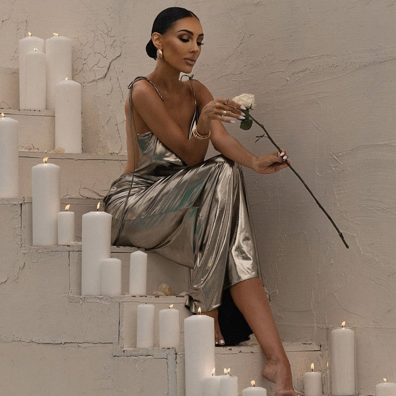 Spaghetti Strap Draped Open Back Liquid Metallic Floor Length Maxi Dress