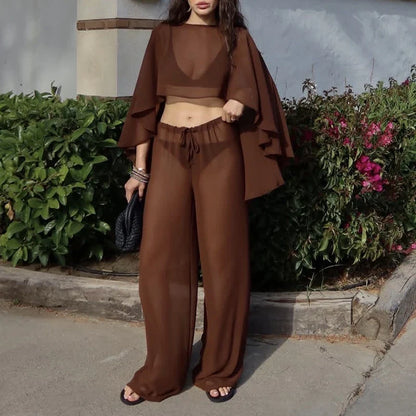 Elegant Solid Perspective Loose Suit Casual Chiffon Shirt Travel Vacation Outfit Fashion Irregular Cape Style Top+Pants 2pc Set