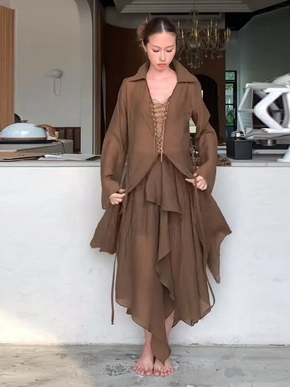 Lace Up V-Neck Shirt Ruffle Skirt Women Set Strings Lapel Sexy Waist Cinched Slimming Blouse Top Irregular Long Skirts Suit New