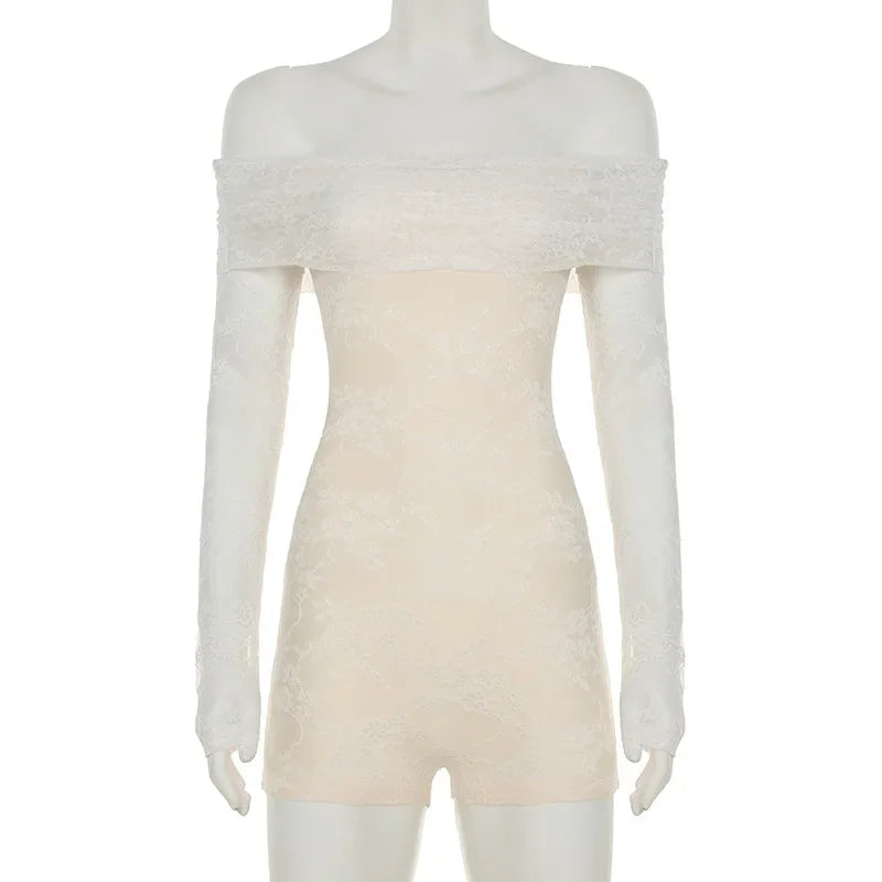 Sexy Lace See Through Off Shoulder Playsuits 2025 Spring Long Sleeve Ruched Slash Neck Jacquard Skinny Peach Hip Romper