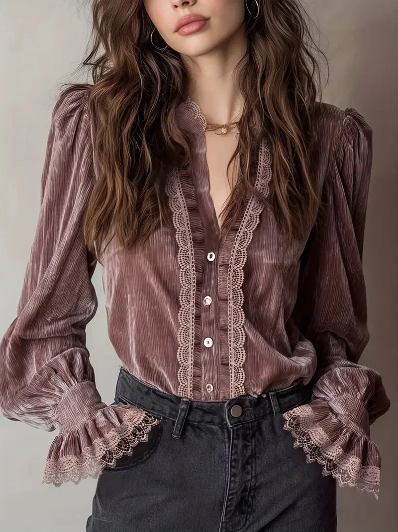 Women's Velvet Blouse Victorian High Neck Ruffle Lace Puff Sleeve Button Down Top Vintage Party Casual Blouse