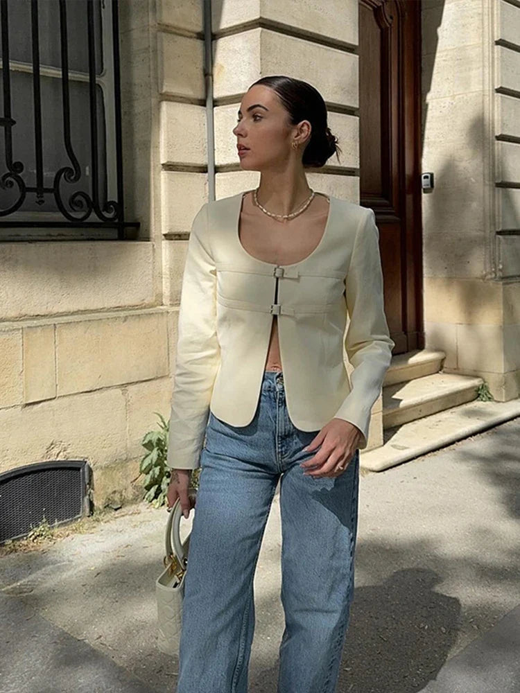 Women's Casual Lace Up Top White Denim Jacket Metal Buckle Hollow V Neck Long Sleeved Loose Solid Color Women's Top