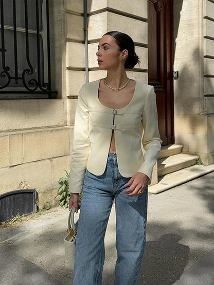 Women's Casual Lace Up Top White Denim Jacket Metal Buckle Hollow V Neck Long Sleeved Loose Solid Color Women's Top