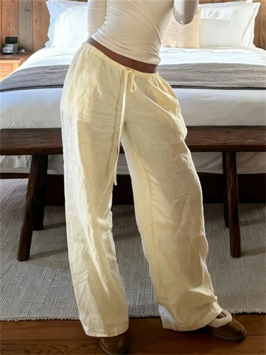 Wide-Leg Pants Women Casuals Trend Simple Drawstring Ruched Fashion Sporty Streetwear Autumn Chic Daily Office Bottoms
