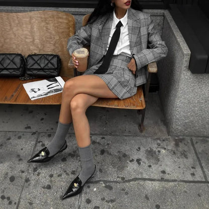 Autumn new women's clothing retro plaid pleated suit 2 piece sets college style winter fashion show versatile suit blazer mujer
