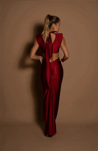 Mock Neck Structured Shoulder Waist Cutout Satin Maxi Gown