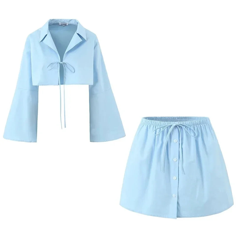 Light Blue Skirt Set Women Summer 2 Pcs Outfits Summer Spring Bowknot Buttons Female Set 2024 Flare Sleeve Top Skirt Set