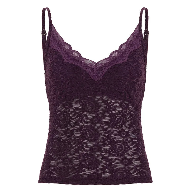 Women Summer New V Neck Cami Top Fashion Hollow Lace Sleeveless Tank Top Basic Layering Camisole for Club Street Party