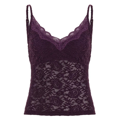Women Summer New V Neck Cami Top Fashion Hollow Lace Sleeveless Tank Top Basic Layering Camisole for Club Street Party
