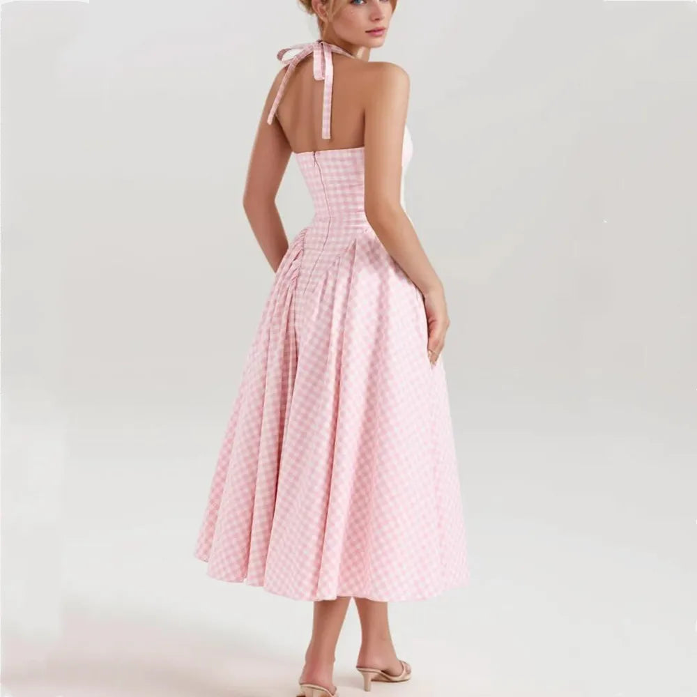 Gingham Print Halter V Neck Pleated Flare Midi Dress