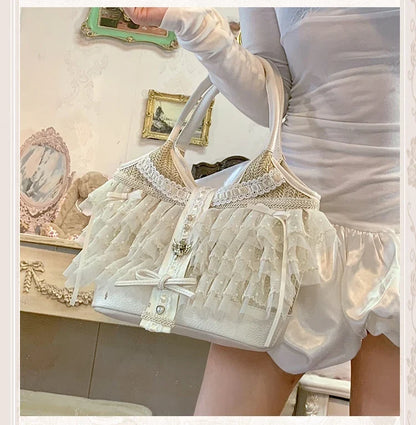 Elegant Lady Japanese Original Lolita Lace Ribbon Bow Handbag Vacation Style Sweet Cute Doll Daily Commuter Versatile Tote Bag