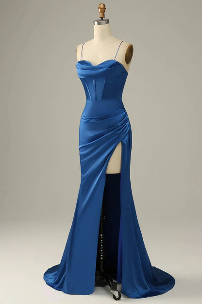 Elegant Vintage Green Blue Prom Gown with Spaghetti Straps Leg Split Evening Party Dress Outfit for Women Wedding Guest