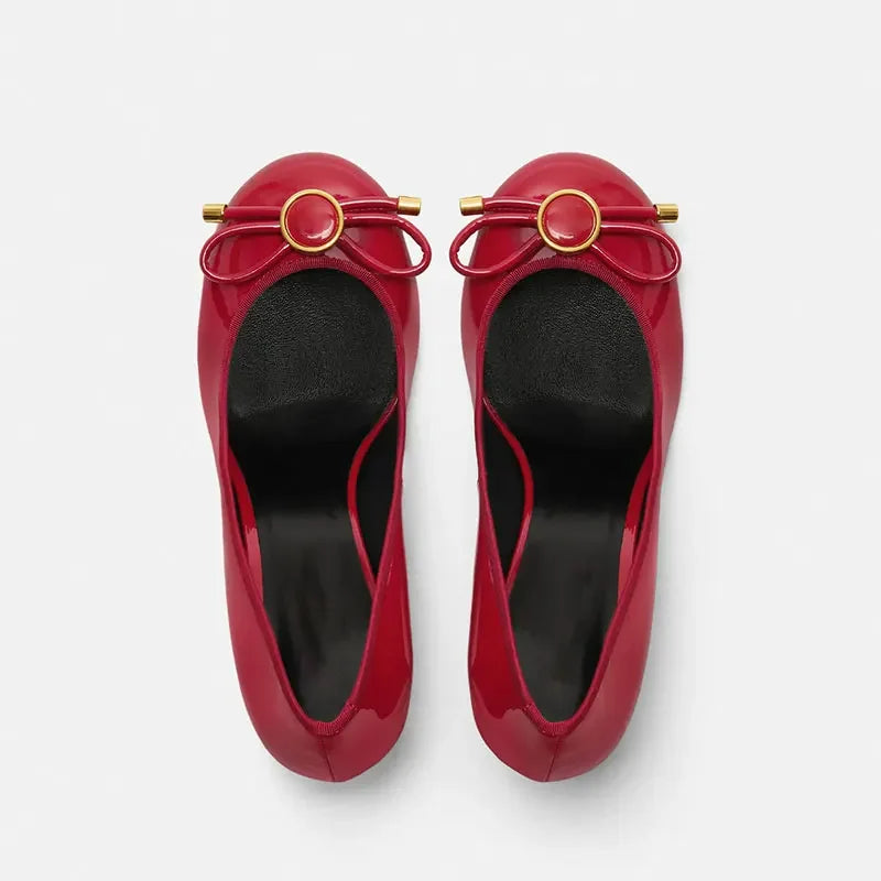 Spring/Summer New Women's Stiletto Single Shoes Round Head Bow Black Red Party Wedding Women's 34-43 Large Sandals