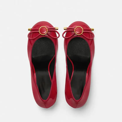 Spring/Summer New Women's Stiletto Single Shoes Round Head Bow Black Red Party Wedding Women's 34-43 Large Sandals