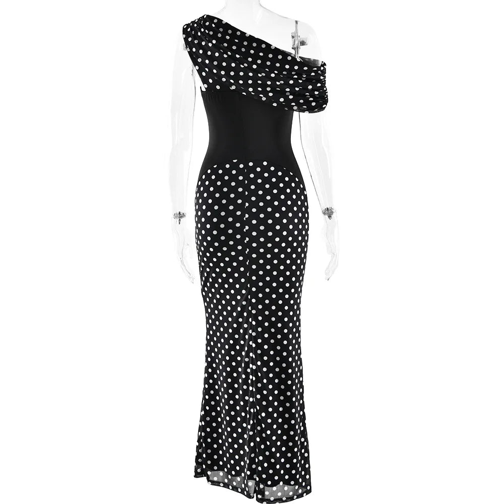 Personalized Design Diagonal Neck Off-the-shoulder Polka Dot Dress Female Sexy Slim Mesh See-through Backless Dress