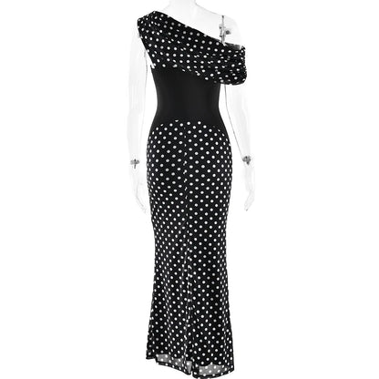 Personalized Design Diagonal Neck Off-the-shoulder Polka Dot Dress Female Sexy Slim Mesh See-through Backless Dress