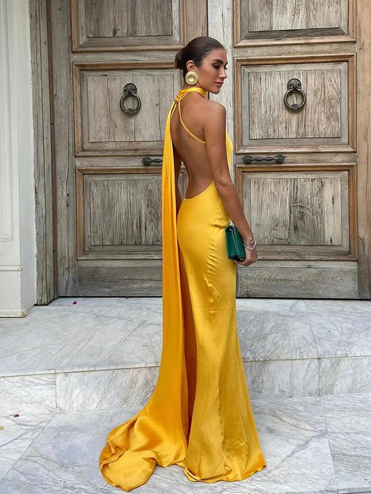 Halter Deep Scoop Back Cape Train Satin Maxi Gown