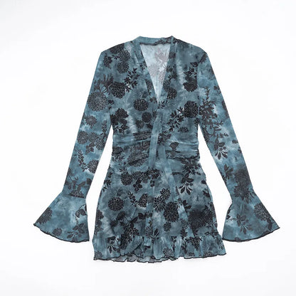Women's New Printed Mesh Mini Dress Sexy Deep V Neck Long Sleeve Ruched High Waist Slim Fit Ruffle Hem Party Dress Outfits
