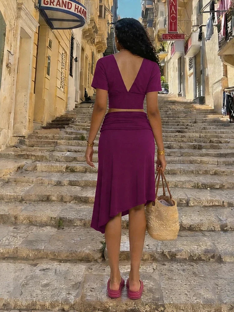 Chic Ruched Elegant 2 Piece Set Woman Trend V-Neck Backless Short Sleeve Crop Tops+Low Waist Mid Skirt Fashion Suit