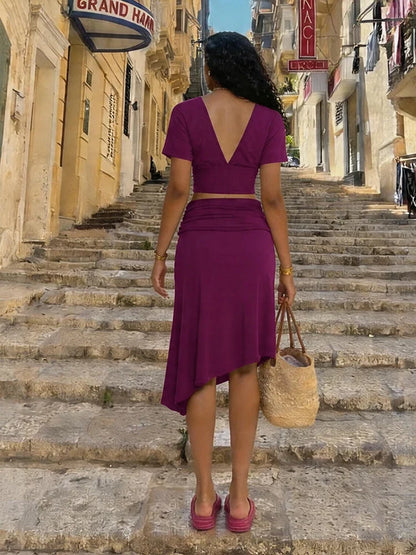 Chic Ruched Elegant 2 Piece Set Woman Trend V-Neck Backless Short Sleeve Crop Tops+Low Waist Mid Skirt Fashion Suit