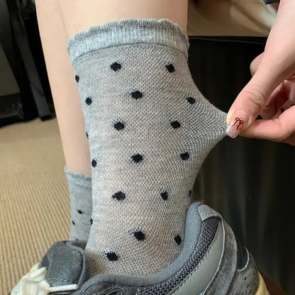 Summer Thin Bow Dot Lace Mid Tube Socks Versatile Mesh Hollow College Style Sweet Stacked Socks Japanese JK Calf Socks for Women