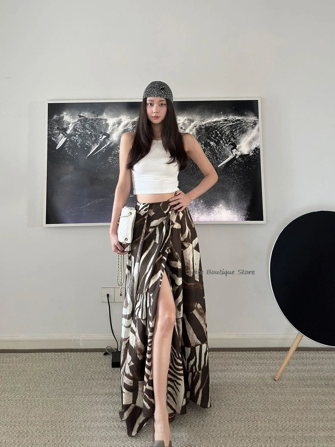 Bohemian Vacation Versatile Zebra Asymmetric Print Long Skirt With Slit A-lineretro Streetwear Women Summer Skirt 2024 New