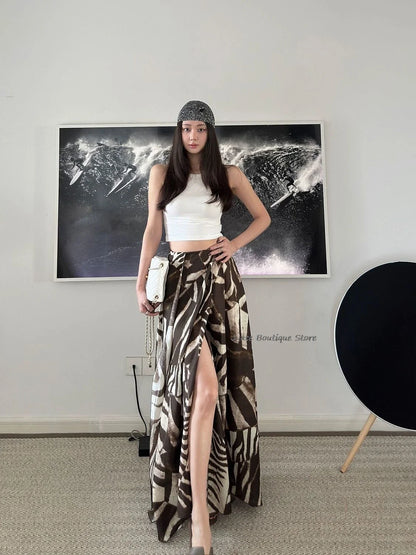Bohemian Vacation Versatile Zebra Asymmetric Print Long Skirt With Slit A-lineretro Streetwear Women Summer Skirt 2024 New