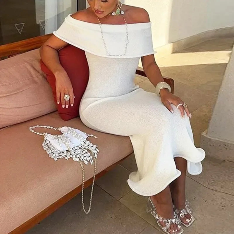 Off Shoulder Ruffle Bardot Mermaid Hem Bodycon Midi Dress