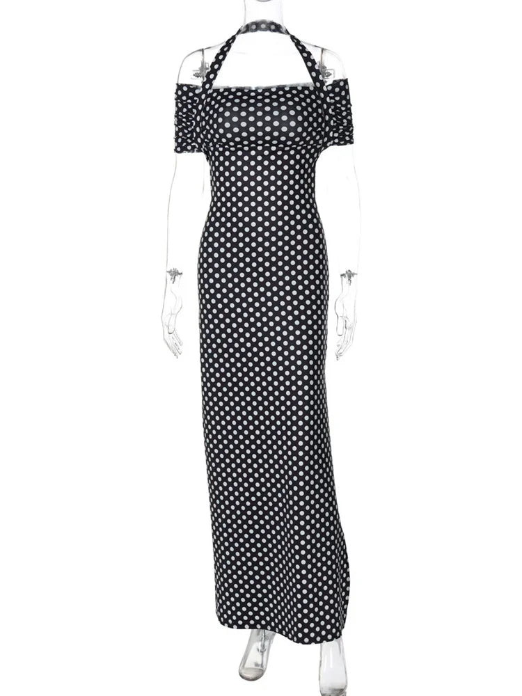 Off-Shoulder Fashion High Waist Long Dress For Women Side Split Printed See-Through Short Sleeve Dress Summer Maxi Dress