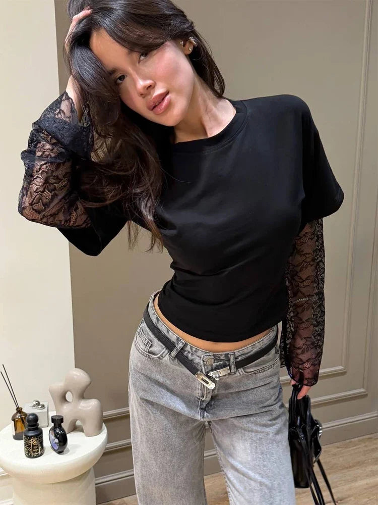 Women Solid Color Layered Lace Long Sleeve T Shirt Round Neck Patchwork Sheer Slim Fit Elegant Sexy Casual Summer Lady Top