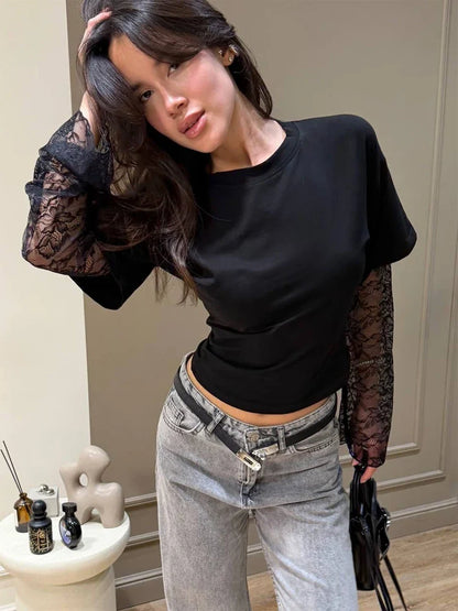 Women Solid Color Layered Lace Long Sleeve T Shirt Round Neck Patchwork Sheer Slim Fit Elegant Sexy Casual Summer Lady Top