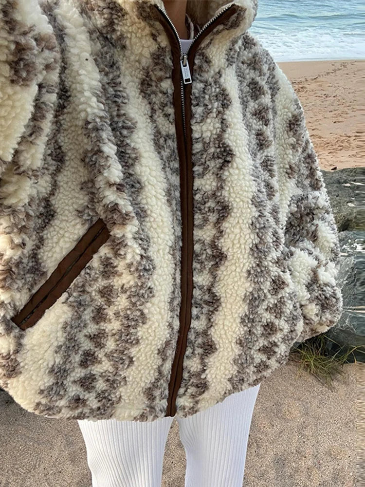 Vintage Plush Printed Jackets Women Casual Warm Zipper Stand Collar Short Coats Female New Spring Winter Chic Street Outwear