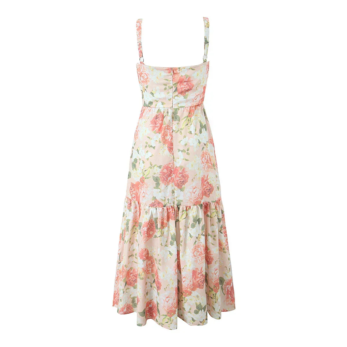 Sweetheart Bustier Wide Strap Floral Drop Waist Ruffle Midi Dress